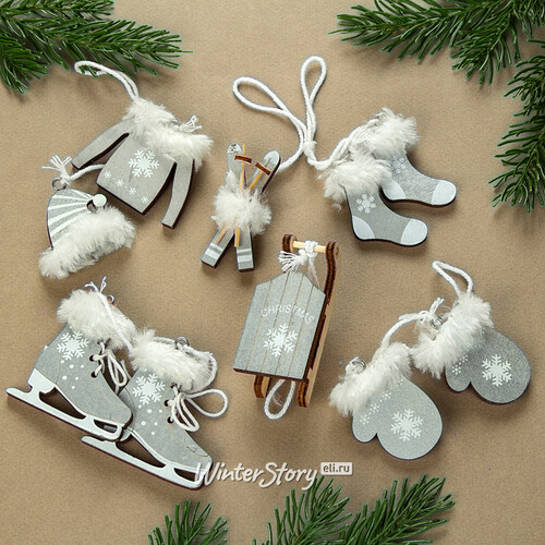 Набор деревянных елочных игрушек Зимнее Веселье 3-6 см, серый, 10 шт, подвеска Koopman