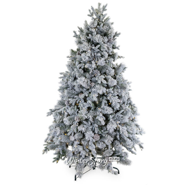 Искусственная елка с лампочками Принцесса льда заснеженная с шишками 185 cм, 330 теплых белых ламп, ЛИТАЯ + ПВХ + Леска Царь Елка