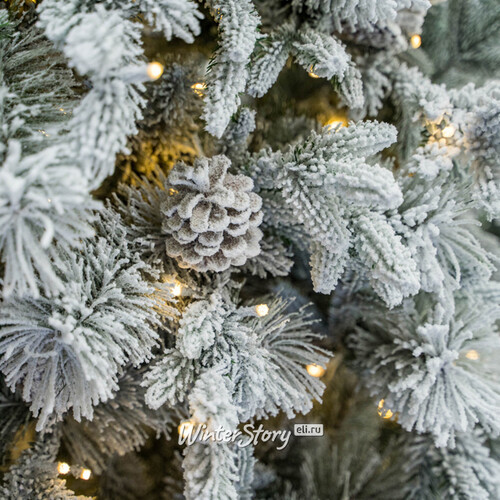 Искусственная елка с лампочками Принцесса льда заснеженная с шишками 155 cм, 230 теплых белых ламп, ЛИТАЯ + ПВХ + Леска Царь Елка