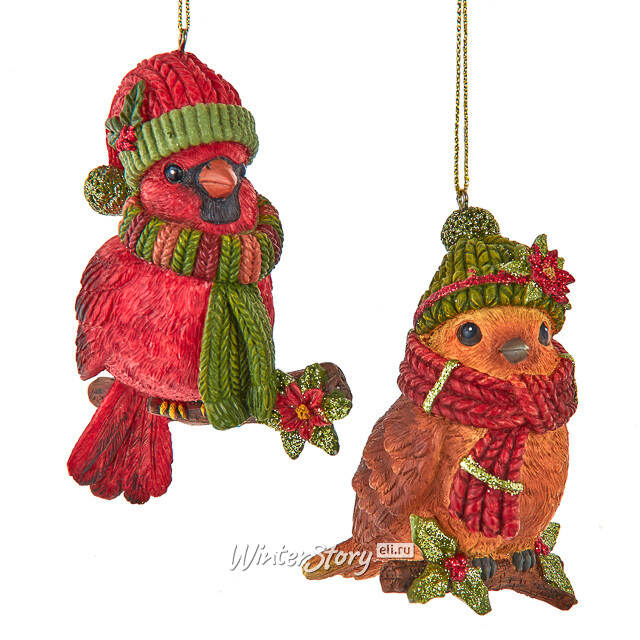 Елочная игрушка Птичка Робин Шон в шапке и шарфе 8 см Kurts Adler