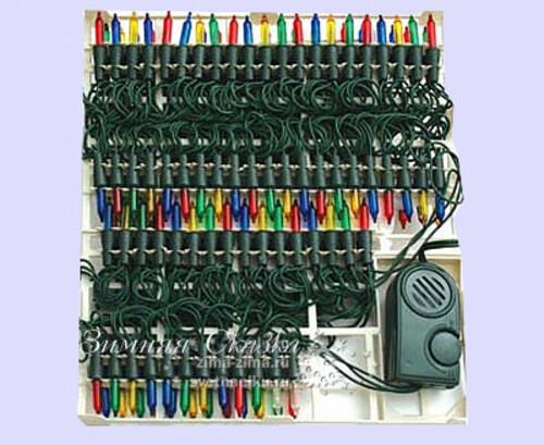 Электрогирлянда 200 разноцветных миниламп 14 м, бегущие огни, зеленый ПВХ, контроллер Snowmen