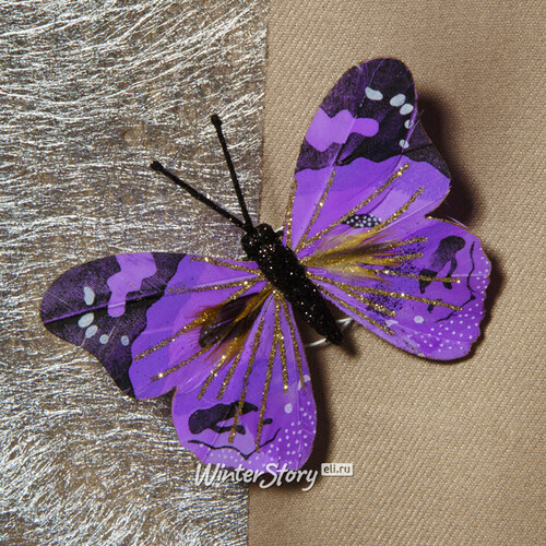 Елочное украшение Бабочки-Мотыльки из Перышек 10 см лиловые 6 шт на проволоке Kaemingk