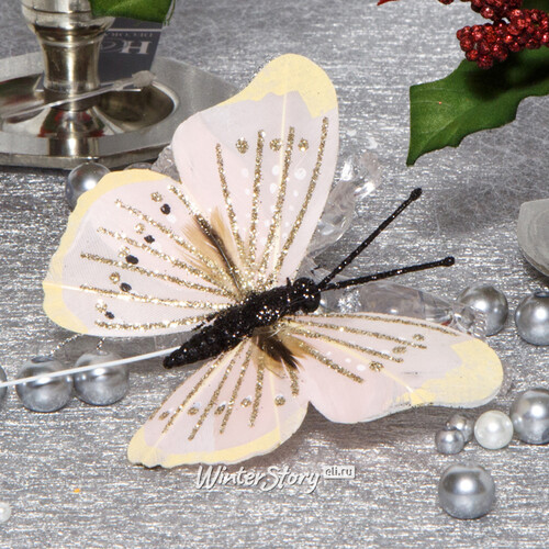 Елочное украшение Бабочки-Мотыльки из Перышек 10 см, 6 шт, перламутровые на проволоке Kaemingk