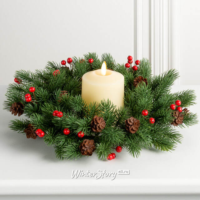 Венок для свечи Зимний Вечер из шишек и ягод 30 см, ЛИТАЯ 100% Swerox