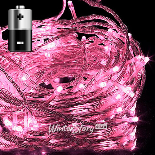 Светодиодная гирлянда на батарейках Premium Led 100 нежно-розовых LED ламп 10 м, прозрачный СИЛИКОН, таймер, IP67 BEAUTY LED