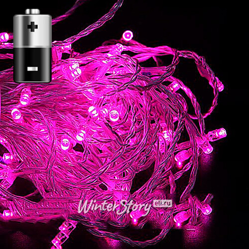 Светодиодная гирлянда на батарейках Premium Led 50 розовых LED ламп 5 м, прозрачный СИЛИКОН, таймер, IP65 BEAUTY LED