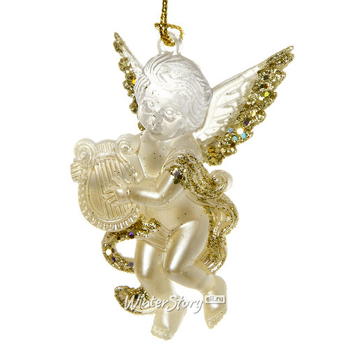 Елочное украшение Ангелочек-Музыкант 10*5 см жемчужный с золотым, подвеска Holiday Classics