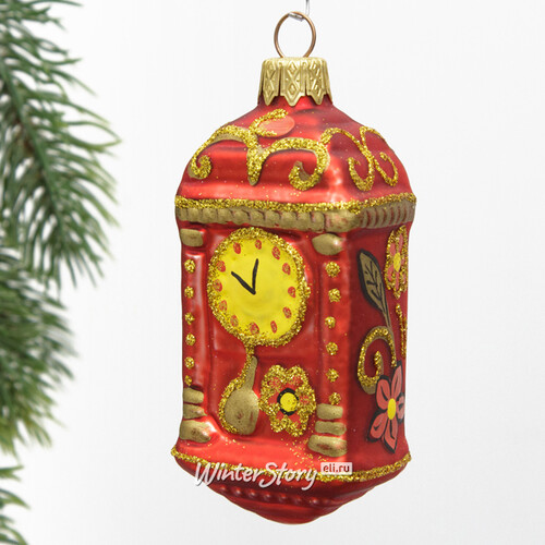 Стеклянная елочная игрушка Часы с маятником - Золотая Хохлома 11 см, подвеска Коломеев