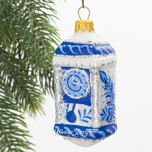 Стеклянная елочная игрушка Часы с маятником - Гжельские Узоры 9 см синие с белым, подвеска Коломеев