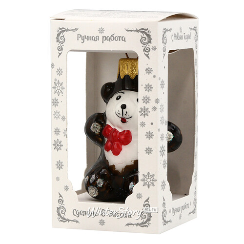 Стеклянная елочная игрушка Медвежонок с бантиком 9 см, подвеска Коломеев