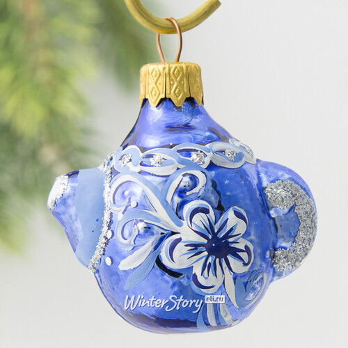 Стеклянная елочная игрушка Чайник - Русские узоры 7 см, синяя, подвеска Коломеев