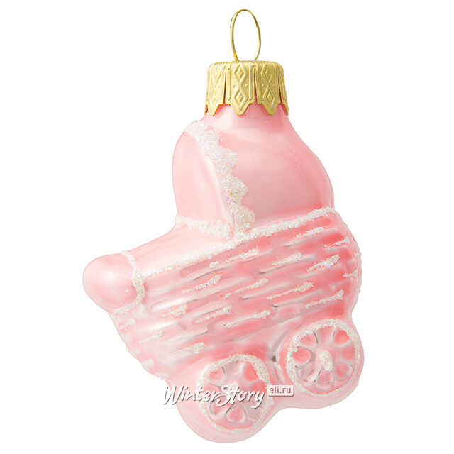 Стеклянная елочная игрушка Коляска - Прогулка для малышей 6 см розовая, подвеска Коломеев