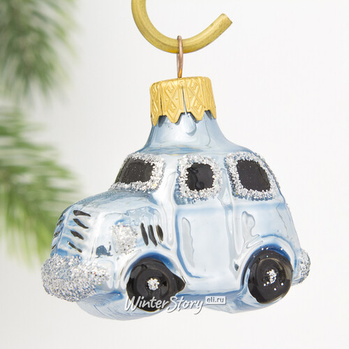 Стеклянная елочная игрушка Машинка 6 см голубая, подвеска Коломеев