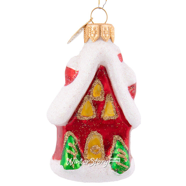 Стеклянная елочная игрушка Домик с елочками 10 см белый, подвеска Коломеев