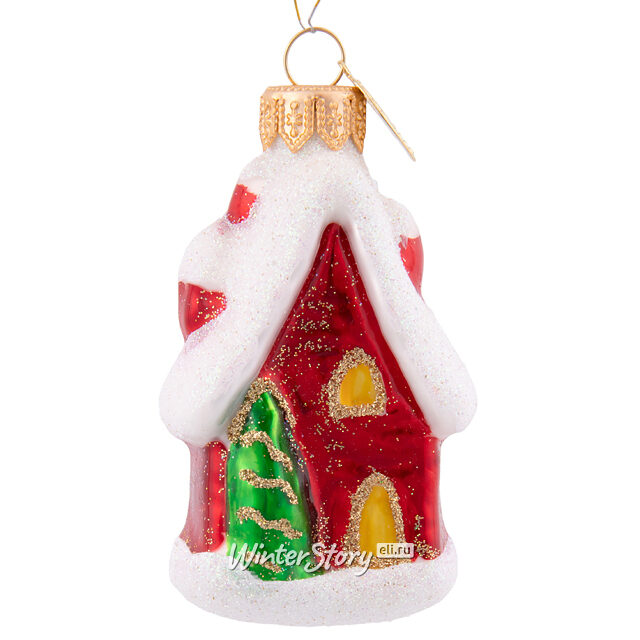 Стеклянная елочная игрушка Домик с елочками 10 см белый, подвеска Коломеев