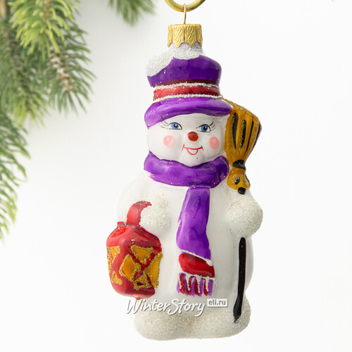 Стеклянная елочная игрушка Снеговик Вилле - Житель Винтертауна 14 см, подвеска Коломеев