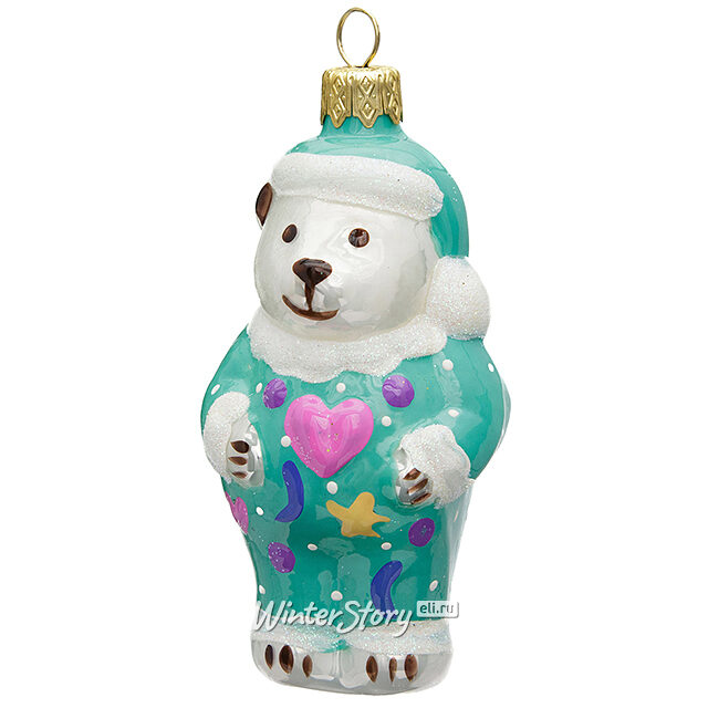 Стеклянная елочная игрушка Мишка в пижаме 11 см бирюзовая, подвеска Коломеев