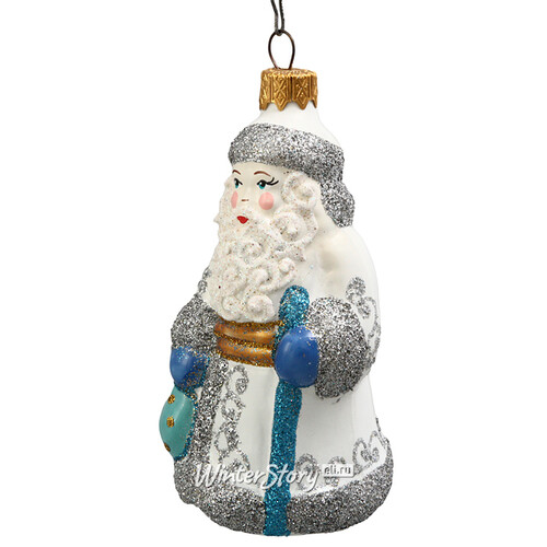 Стеклянная елочная игрушка Дед Мороз с посохом 12 см, подвеска Коломеев