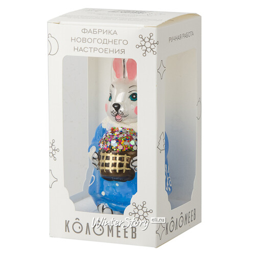 Стеклянная елочная игрушка Зайка Мирослава в голубом сарафане 10 см, подвеска Коломеев