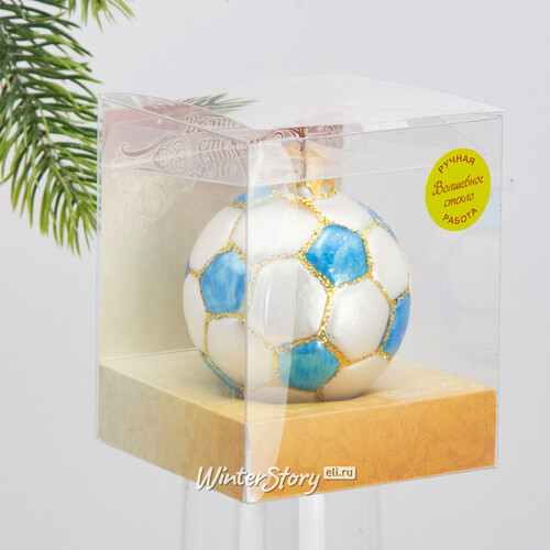 Стеклянная елочная игрушка Футбольный мяч - Blue Edition 7 см, подвеска Коломеев