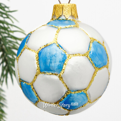 Стеклянная елочная игрушка Футбольный мяч - Blue Edition 7 см, подвеска Коломеев