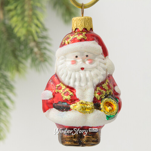 Стеклянная елочная игрушка Дед Мороз с фонариком 9 см, подвеска Коломеев