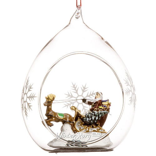 Стеклянный шар с композицией Санта-Клаус в Санях 8*7*11 см, подвеска Forest Market