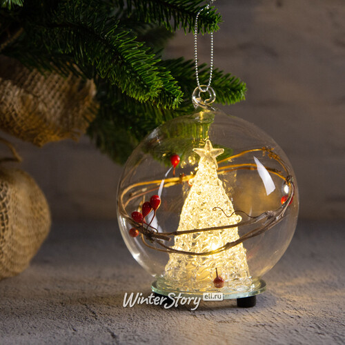 Светящийся шар с композицией Ёлочка - Frosty Cranberries 10 см на батарейках, стекло Peha