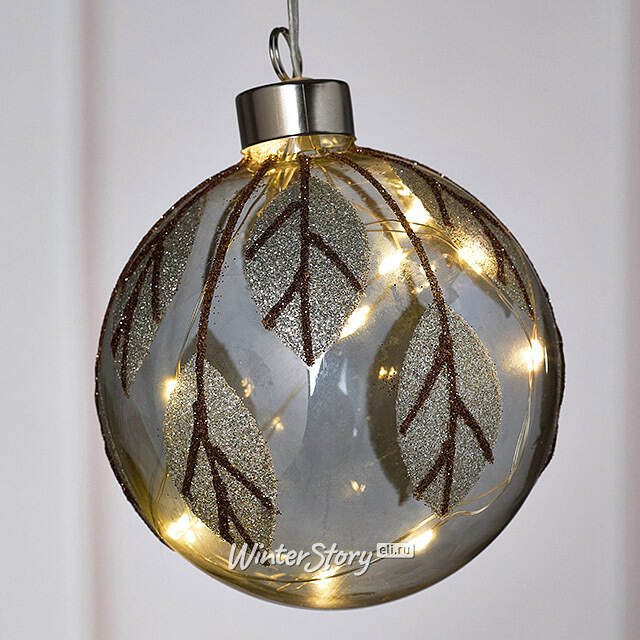 Светящийся елочный шар Smoke Leaf 10 см, 10 теплых белых LED ламп, на батарейках Peha