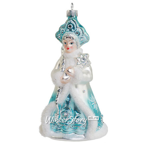 Стеклянная елочная игрушка Снегурочка в голубой шубке со стразами 14 см, подвеска Holiday Classics