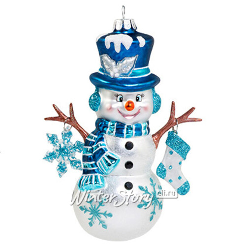 Стеклянная елочная игрушка Снеговик с ручками-веточками 15 см в голубом, подвеска Holiday Classics