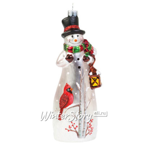 Стеклянная елочная игрушка Снеговик с птичкой кардиналом в цилиндре 17 см, подвеска Holiday Classics