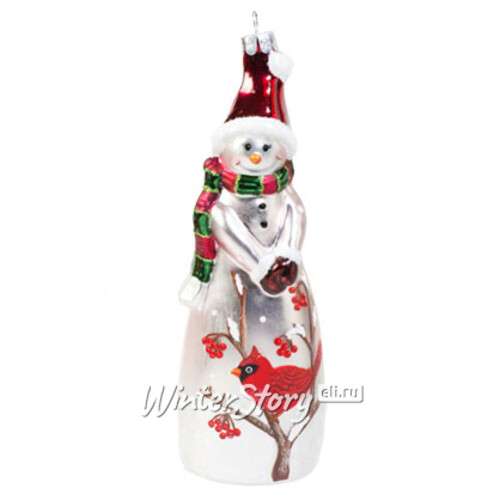 Стеклянная елочная игрушка Снеговик с птичкой кардиналом в колпачке 17 см, подвеска Holiday Classics