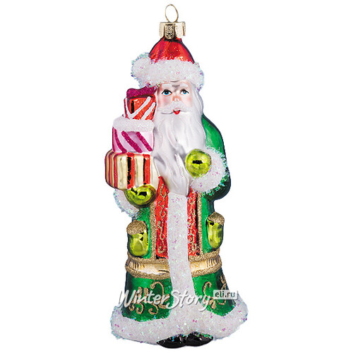 Стеклянная елочная игрушка Дед Мороз в узорной шубе с подарками 14 см, подвеска Holiday Classics