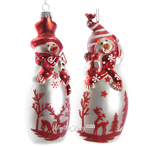 Стеклянная елочная игрушка Снеговик - Лесной узор в красном цилиндре 14 см, подвеска Holiday Classics