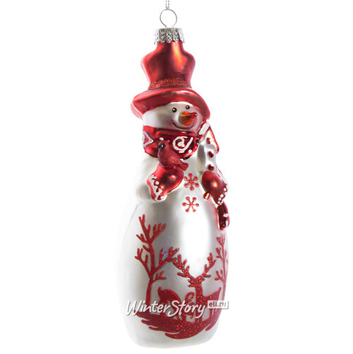 Стеклянная елочная игрушка Снеговик - Лесной узор в красном цилиндре 14 см, подвеска Holiday Classics
