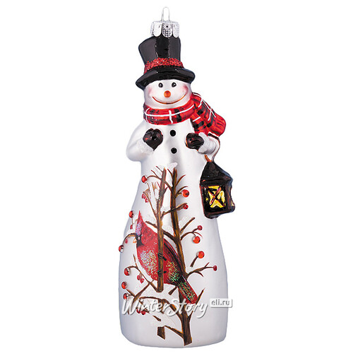 Стеклянная елочная игрушка Снеговик с птичкой кардиналом 16 см, подвеска Holiday Classics