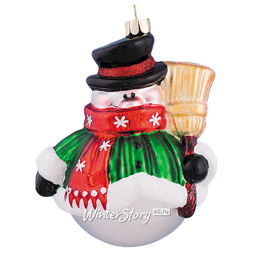 Стеклянная елочная игрушка Снеговик с метелкой 10 см, подвеска Holiday Classics