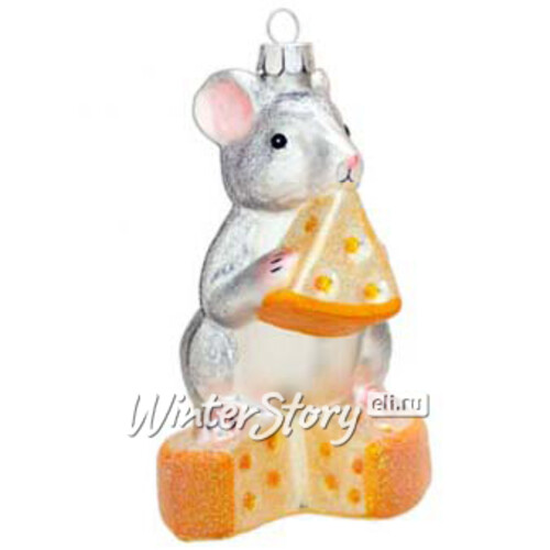 Елочная игрушка Мышка с сыром Чеддер - Сырная Душа 12 см, серебряный, стекло, подвеска Holiday Classics