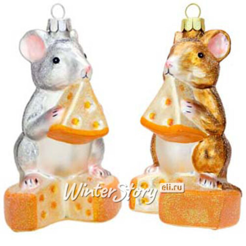 Елочная игрушка Мышка с сыром Чеддер - Сырная Душа 12 см, серебряный, стекло, подвеска Holiday Classics