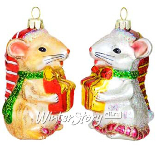 Стеклянная елочная игрушка Мышка Норушка с красным подарком 9 см, подвеска Holiday Classics
