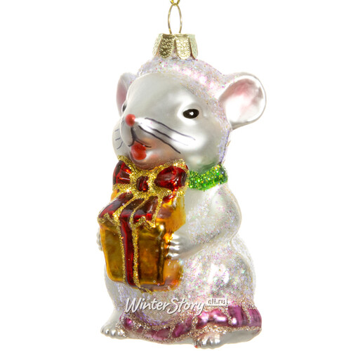 Стеклянная елочная игрушка Мышка Норушка с золотым подарком 9 см, подвеска Holiday Classics