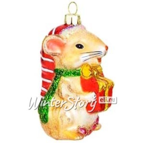 Стеклянная елочная игрушка Мышка Норушка с красным подарком 9 см, подвеска Holiday Classics