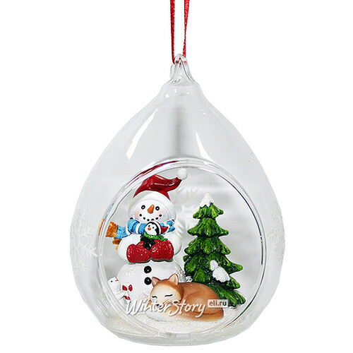 Стеклянный шар с композицией Снеговик с Лисичкой 8*7*11 см, подвеска Forest Market