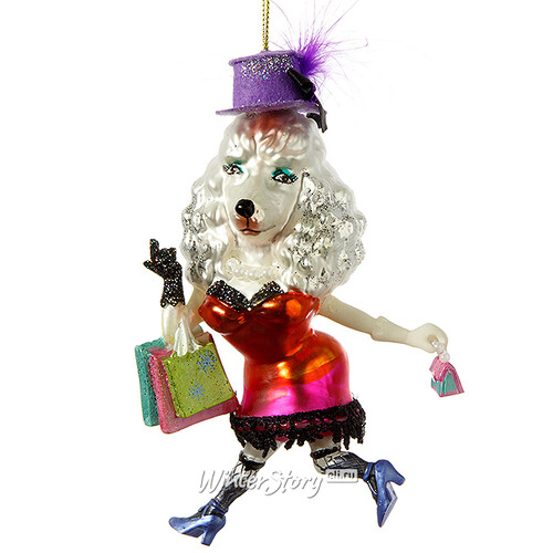 Стеклянная елочная игрушка Собака Пудель - модница в шляпке с перьями 14 см, подвеска Holiday Classics
