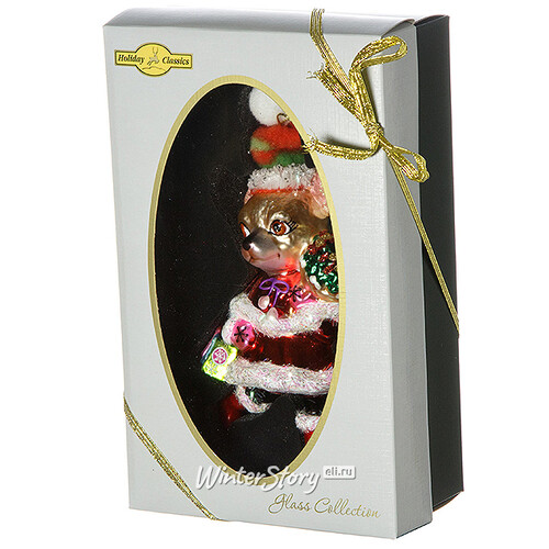 Стеклянная елочная игрушка Собачка Чихуахуа в новогоднем наряде с букетом пуансеттий 14 см, подвеска Holiday Classics
