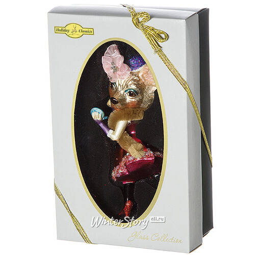 Стеклянная елочная игрушка Собачка Чихуахуа - Леди в розовом платье и шляпке с перьями 14 см, подвеска Holiday Classics