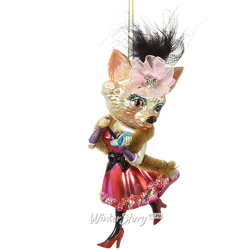 Стеклянная елочная игрушка Собачка Чихуахуа - Леди в розовом платье и шляпке с перьями 14 см, подвеска Holiday Classics