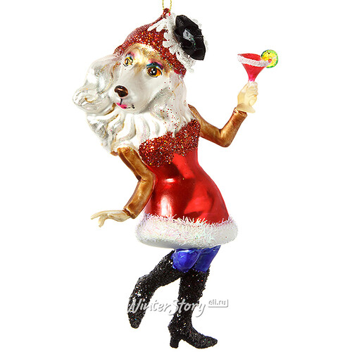 Стеклянная елочная игрушка Собака Леди с бокалом 15 см, подвеска Holiday Classics