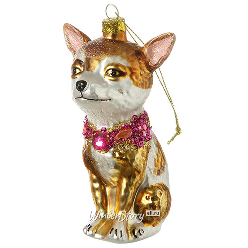 Стеклянная елочная игрушка Собачка Чихуахуа в ошейнике с инкрустацией 12 см, подвеска Holiday Classics